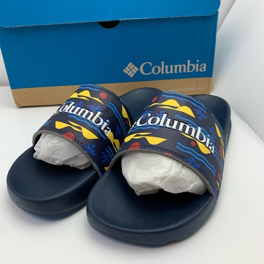 NWT Columbia Youth Size 6 Hood River Slide Sandals Navy Blue Yellow - Picture 2 of 6